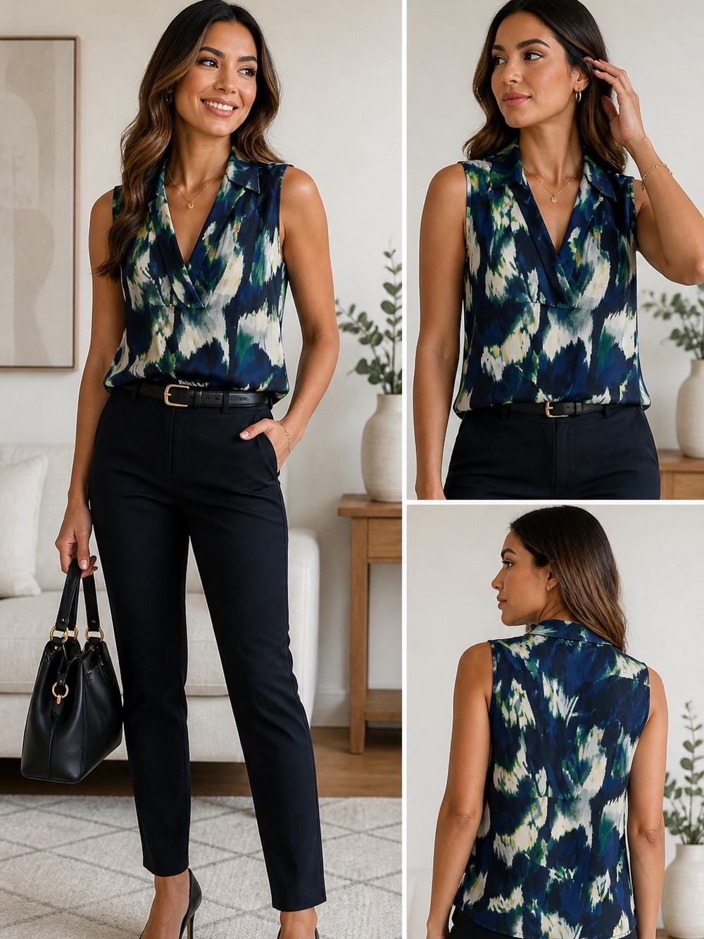 DKNY Sleeveless V-Neck Blouse Blue Green Abstract Print Double Collar Sz. 8 Chic